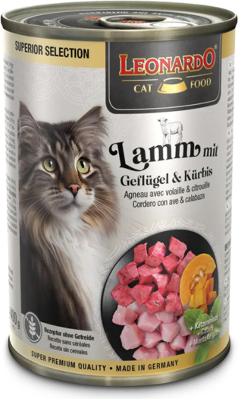 Hoogwaardig natvoer met lam, gevogelte en pompoen voor katten 400 GR de Leonardo – photo produit