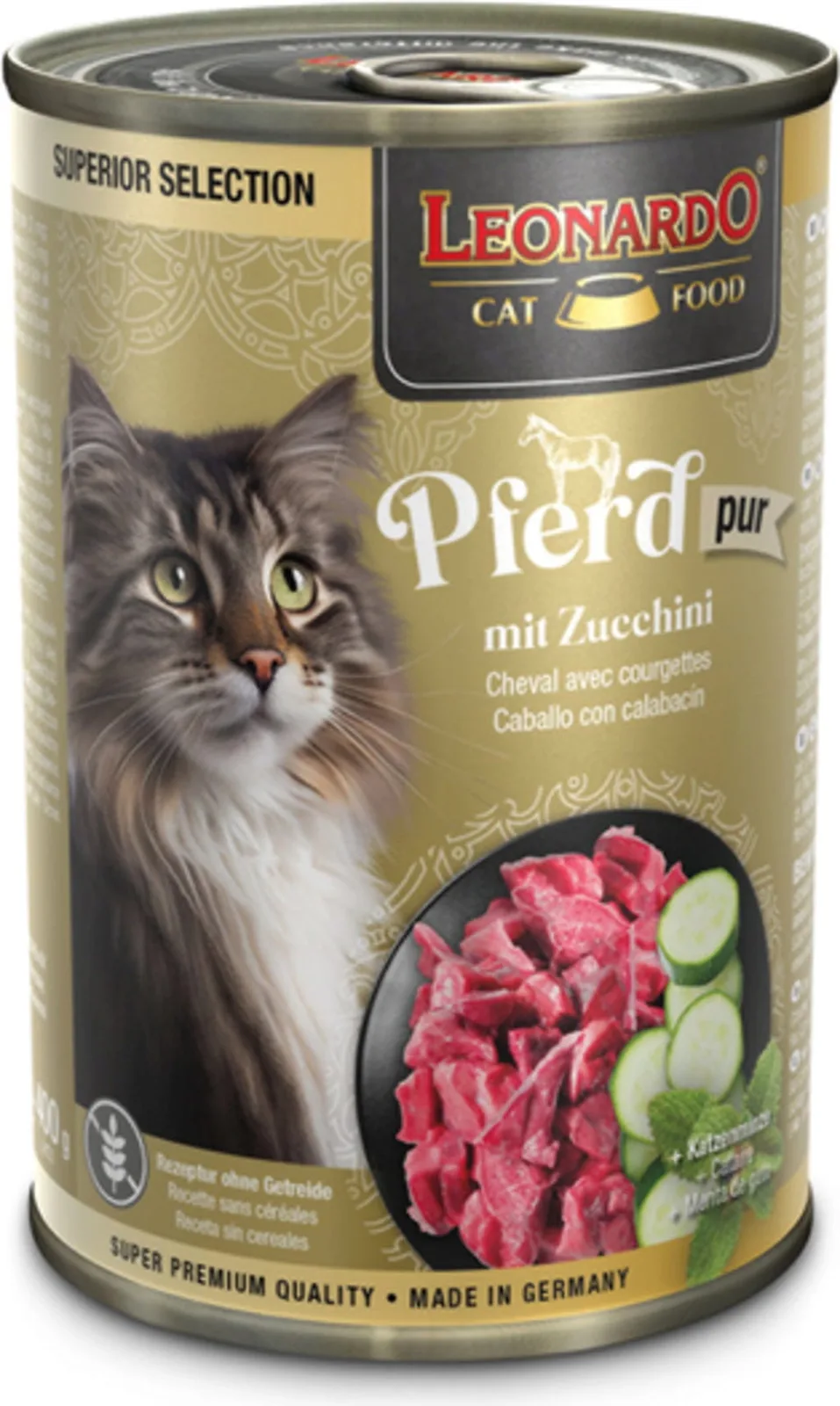 Hoogwaardig natvoer met paard en courgette voor katten 400 GR de Leonardo – photo produit