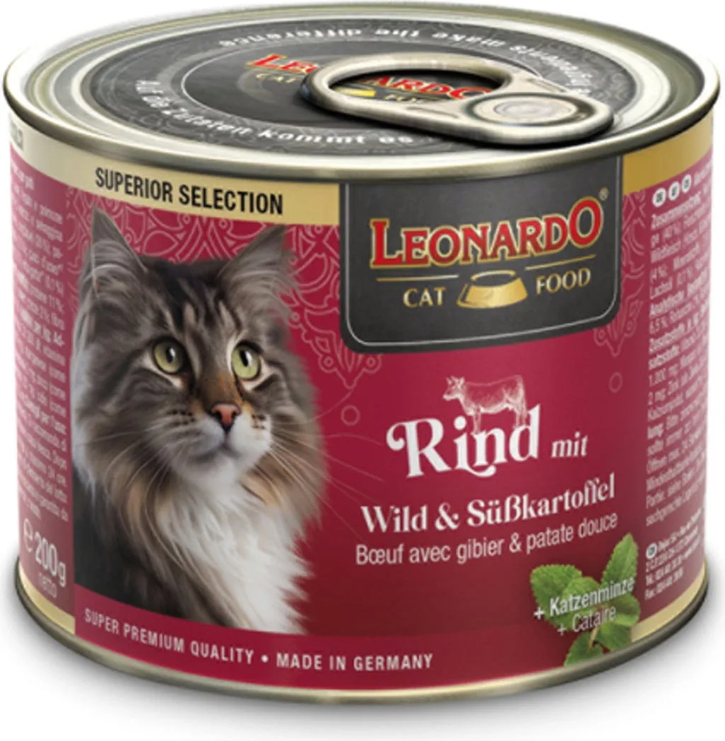 Hoogwaardig natvoer met rund, hert en zoete aardappel voor katten 200 GR de Leonardo – photo produit