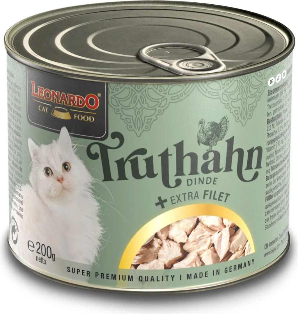 Natvoer met kalkoen en extra filet voor katten 200 GR de Leonardo – photo produit