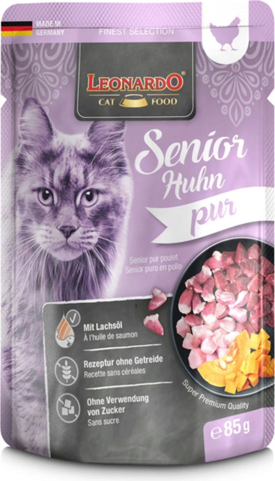 Puur natvoer met kip voor senior katten 85 gr från Leonardo – produktbild