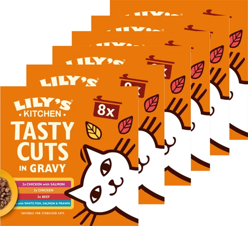 Kattenvoer - Natvoer - Tasty Cuts in Saus Kip Rund Zeevis & Zalm - 6 x 8x85g by Lily's Kitchen – product photo