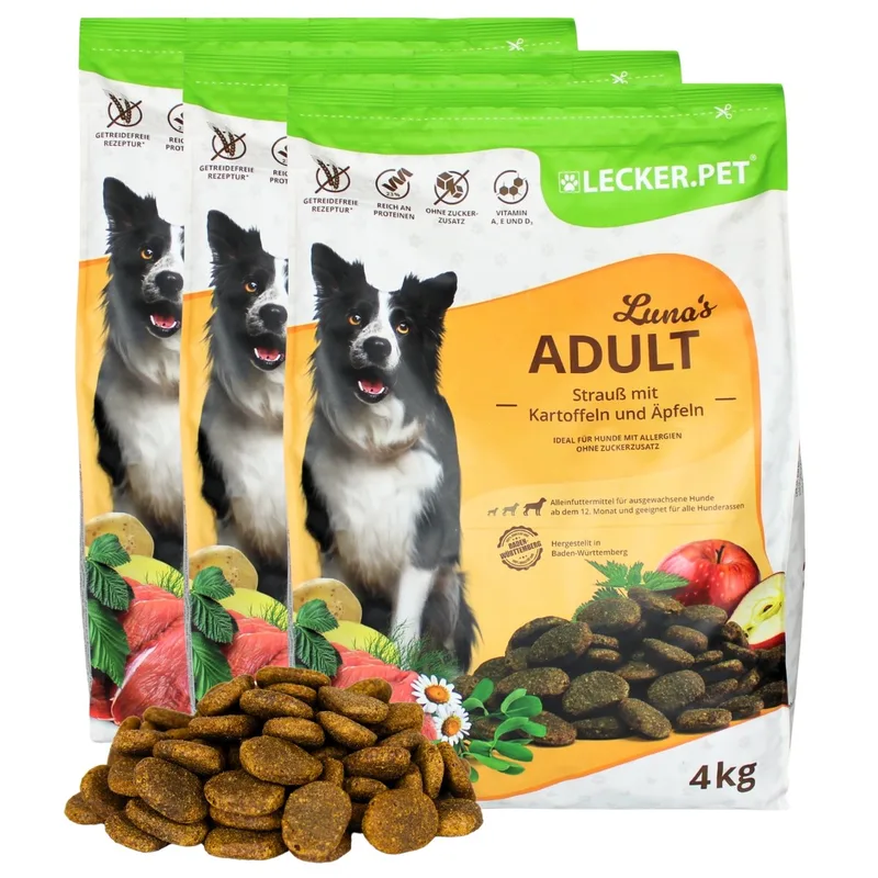 12 kg Lecker.Pet® Luna's Adult Struisvogel met Aardappel & Appel droog hondenvoer compleet voer houdbaar tot 3/2026 de Lyra Pet – photo produit 1 sur 5