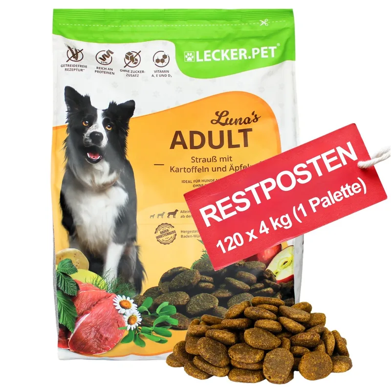 120 x 4 kg (1 pallet) Lecker.Pet® Luna's Adult Ostrich met aardappel en appel hondenvoer, droogvoer, complete voeding. Ten minste houdbaar tot 3/2026 de Lyra Pet – photo produit