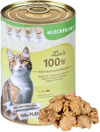 18 x 400 g Lecker.Pet® Leo's 100 % spiervlees van kip natvoer voor katten fra Lyra Pet – produktbillede 1 af 5