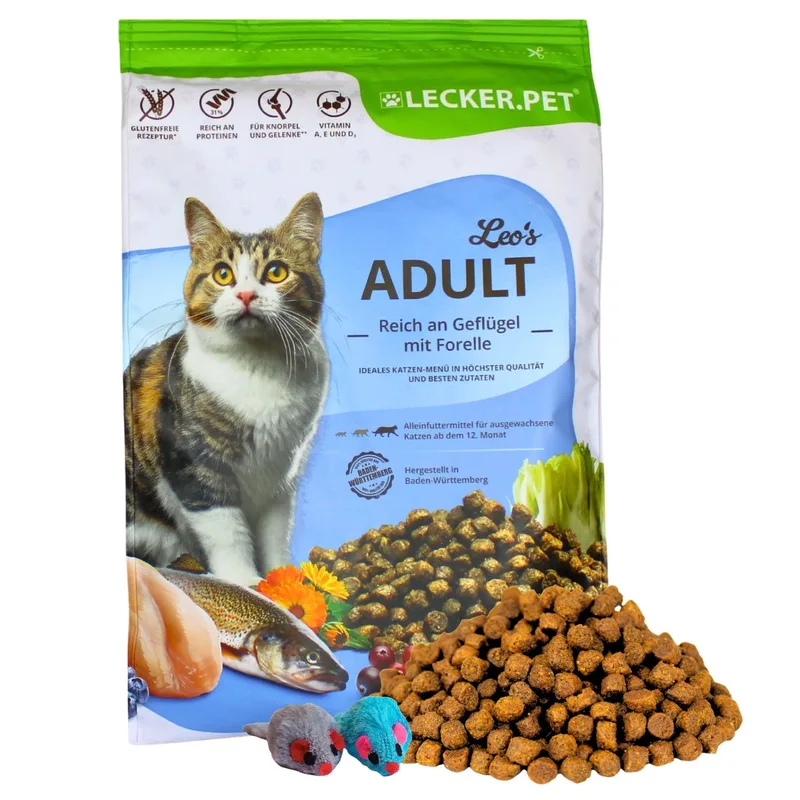 2,5 kg Lecker.Pet® Leo's Adult Geflügel & Forelle Katzenfutter Trockenfutter Vollnahrung + 2 Mäuse von Lyra Pet – Produktfoto