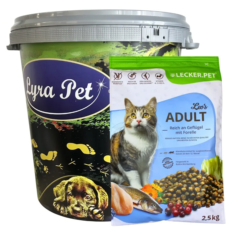 2,5 kg Lecker.Pet® Leo's Adult Geflügel & Forelle Katzenfutter Trockenfutter Vollnahrung in 30 L Tonne by Lyra Pet – product photo