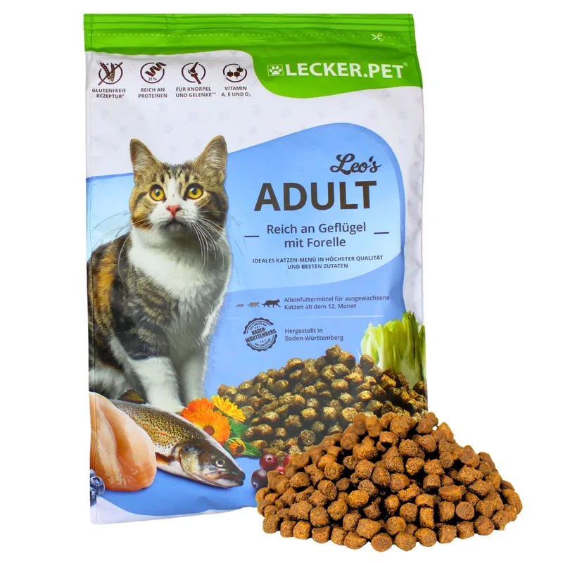 2.5 kg Lecker.Pet® Leo's Adult Gevogelte & Forel droog kattenvoer volledige voeding houdbaar tot 4/2026 fra Lyra Pet – produktbillede 1 af 5