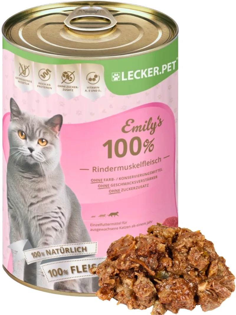 24 x 400 g Lecker.Pet® Emily's 100 % rundvlees spiervlees natvoer voor katten by Lyra Pet – product photo 1 of 5