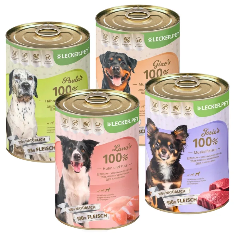 24 x 400 g Lecker.Pet® Gino's, Josie's, Luna's & Paula's 100% vlees & groente hondenvoer natvoer mix - 6 blikken van elke soort by Lyra Pet – product photo 1 of 5