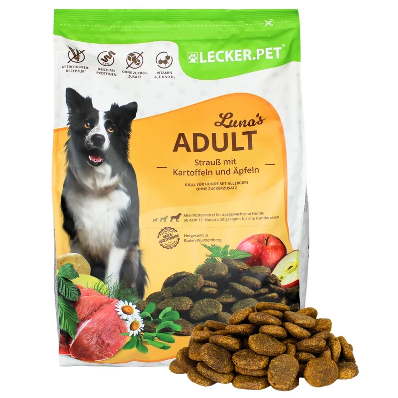 4 kg Lecker.Pet® Luna's Adult Struisvogel met Aardappel & Appel Hondenvoer Droogvoer Compleet Voer de Lyra Pet – photo produit 1 sur 5