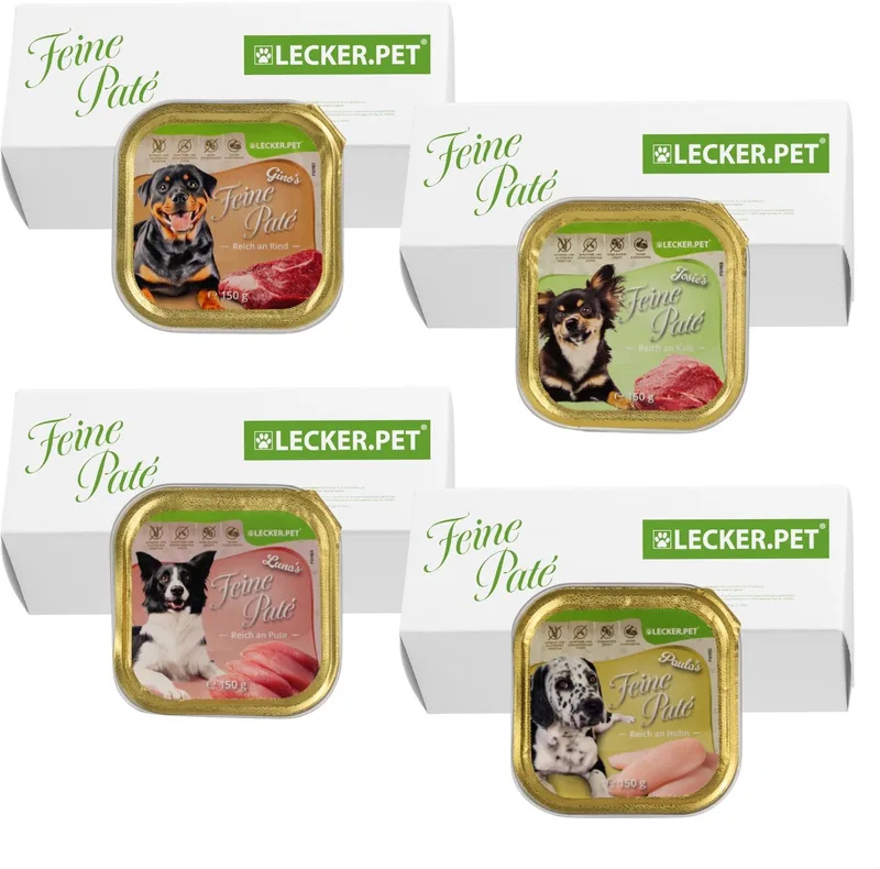 44 x 150 g Lecker.Pet® Gino's, Josie's, Luna's & Paula's Feine Paté hondenvoer natvoer mix compleet voer - 11 bakjes per soort de Lyra Pet – photo produit 1 sur 5