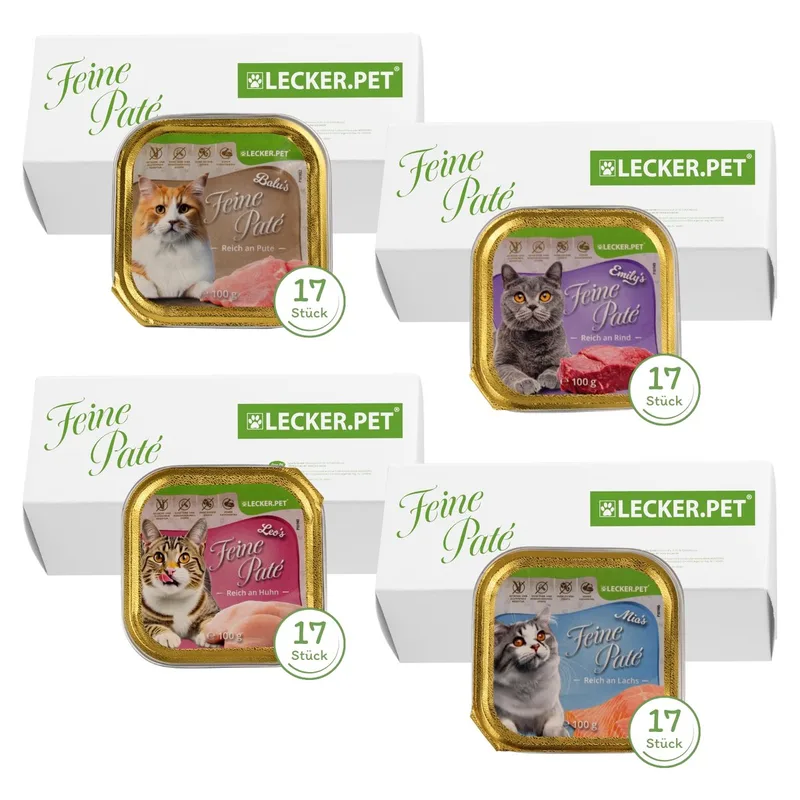 68 x 100 g Lecker.Pet® Balu's, Emily's, Leo's & Mia's Feine Paté kattenvoer natvoer mix compleet voer - 17 bakjes per soort de Lyra Pet – photo produit 1 sur 5