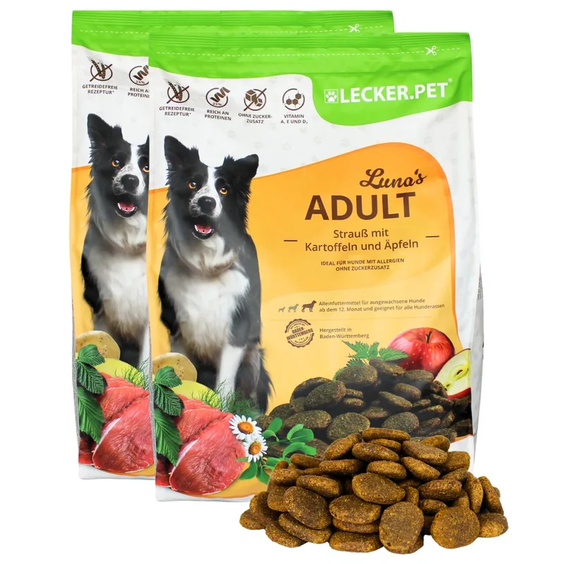 8 kg Lecker.Pet® Luna's Adult Struisvogel met Aardappel & Appel droog hondenvoer compleet voer by Lyra Pet – product photo 1 of 5