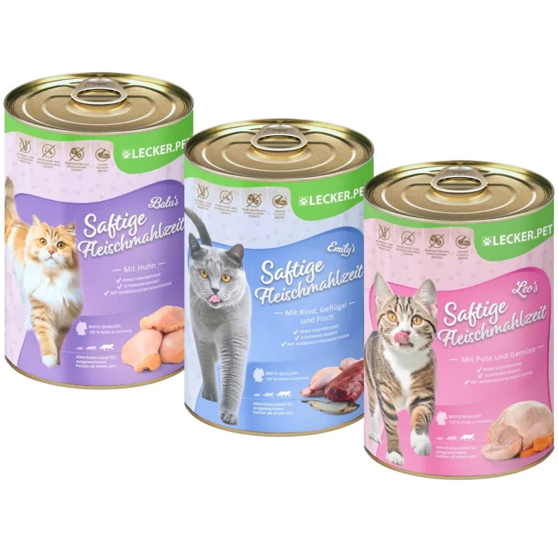 Lecker.Pet Balu's, Emily's & Leo's Saftige Fleischmahlzeit Katzenfutter Nassfutter Mix Vollnahrung by Lyra Pet in Regular – product photo
