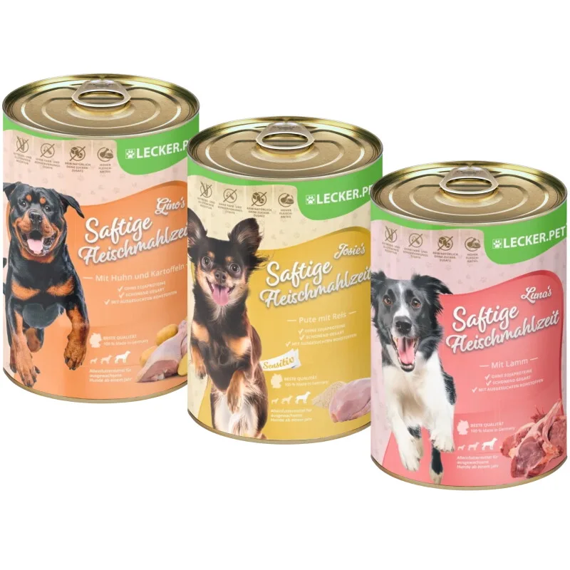 Lecker.Pet Gino's, Josie's & Luna's Saftige Fleischmahlzeit Hunde Nassfutter Mix 18x400g Vollnahrung by Lyra Pet in Regular – product photo