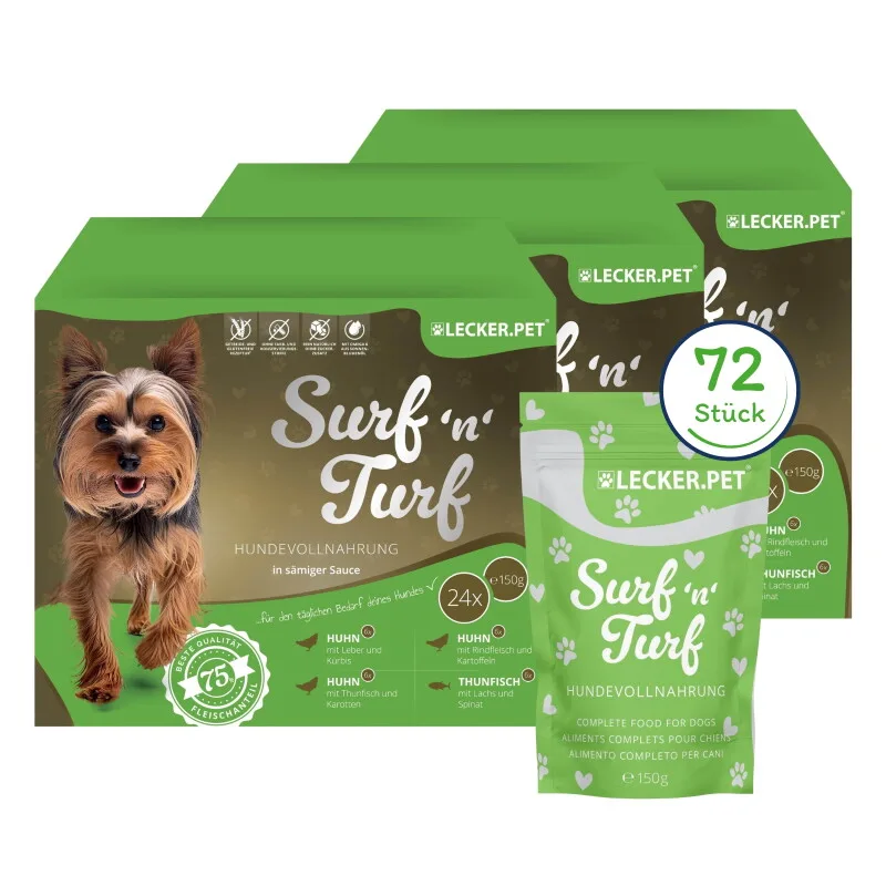 Lecker.Pet Surf'n'Turf Pouches Hundefutter Nassfutter 4er Mix Multipack 72x150 g by Lyra Pet in Regular – product photo