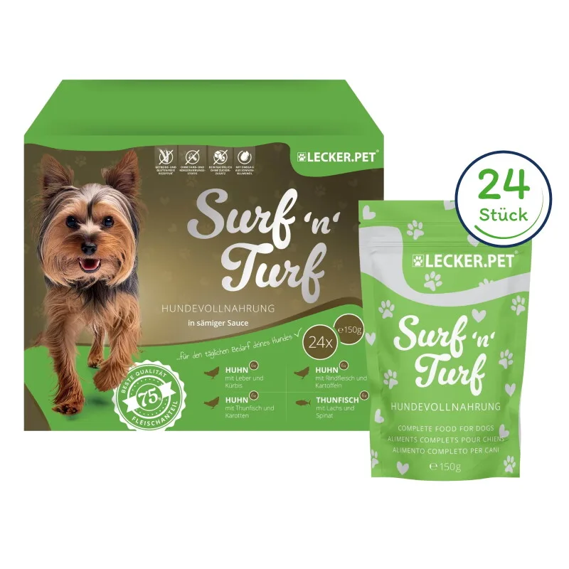Lecker.Pet Surf'n'Turf Pouches Hundefutter Nassfutter 4er Mix Multipack 24x150 g van Lyra Pet in Regular – productfoto