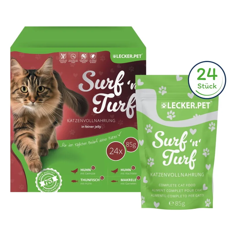 Lecker.Pet Surf'n'Turf Pouches Katzenfutter in feiner Jelly Nassfutter 4er Mix Multipack 24x1 Stück van Lyra Pet in Regular – productfoto