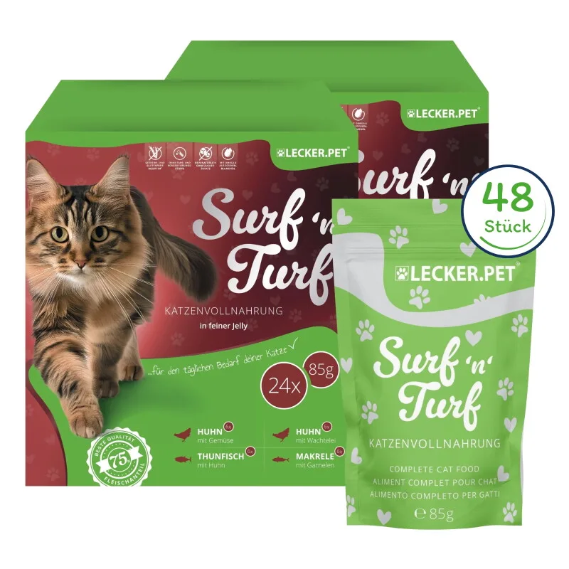 Lecker.Pet Surf'n'Turf Pouches Katzenfutter in feiner Jelly Nassfutter 4er Mix Multipack 48x1 Stück van Lyra Pet in Regular – productfoto