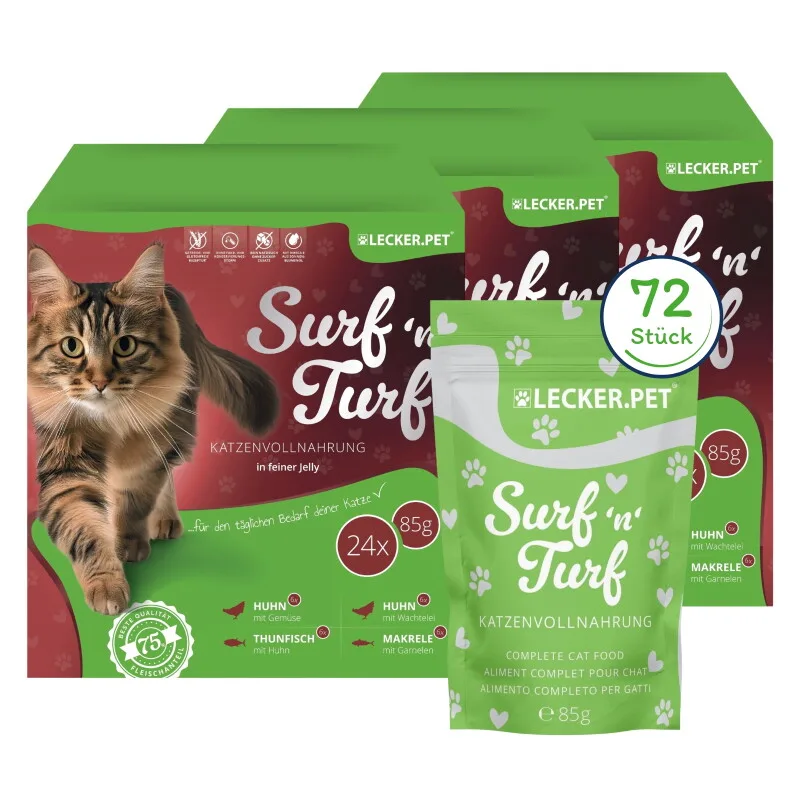 Lecker.Pet Surf'n'Turf Pouches Katzenfutter in feiner Jelly Nassfutter 4er Mix Multipack 72x1 Stück by Lyra Pet in Regular – product photo