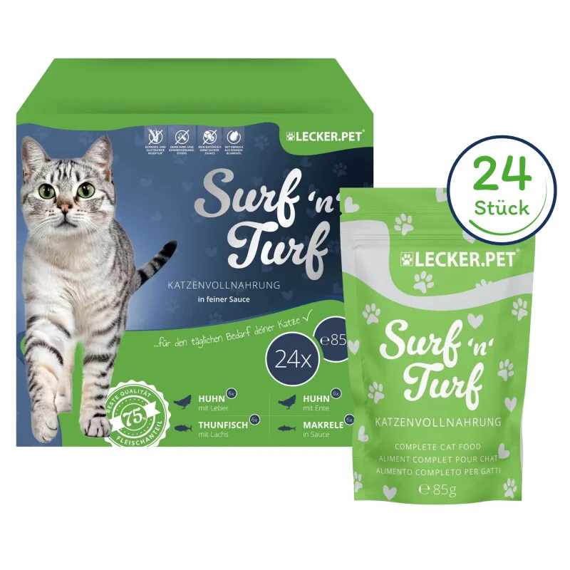 Lecker.Pet Surf'n'Turf Pouches Katzenfutter in feiner Sauce Nassfutter 4er Mix Multipack 24x85 g van Lyra Pet in Regular – productfoto