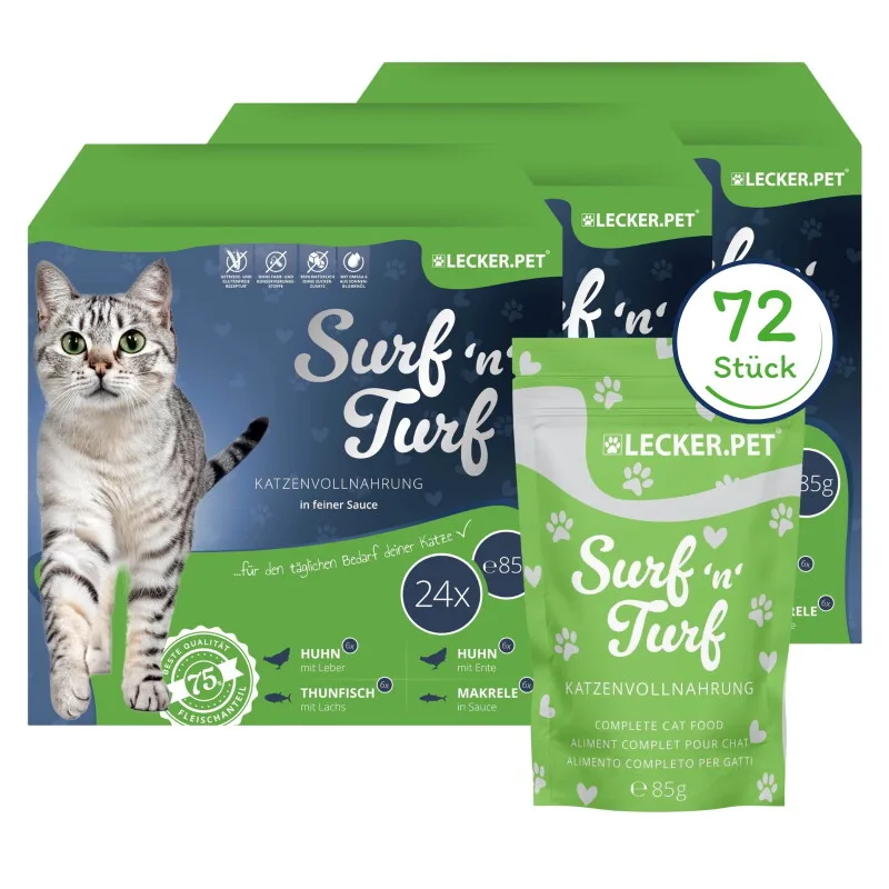 Lecker.Pet Surf'n'Turf Pouches Katzenfutter in feiner Sauce Nassfutter 4er Mix Multipack 510 g van Lyra Pet in Regular – productfoto