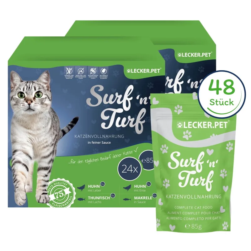 Lecker.Pet Surf'n'Turf Pouches Katzenfutter in feiner Sauce Nassfutter 4er Mix Multipack 48x85 g van Lyra Pet in Regular – productfoto