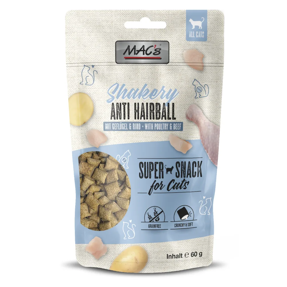 3x 60g MAC's Cat Shakery Snack Anti-haarbal met kip & rundvlees van MAC's – productfoto