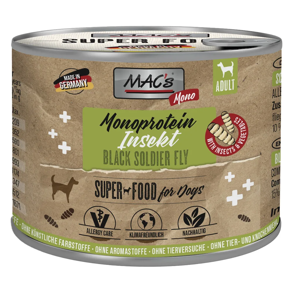 6x180g MAC's Monoprotein Insecten & Superfood nat hondenvoer van MAC's – productfoto