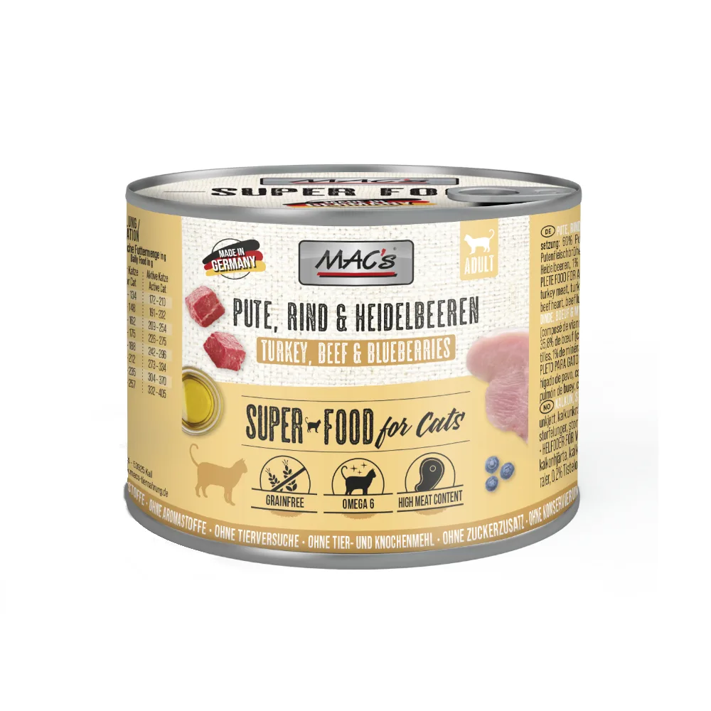 6x200g Kalkoen/Rund/Bosbessen MAC's Kattenvoer van MAC's – productfoto