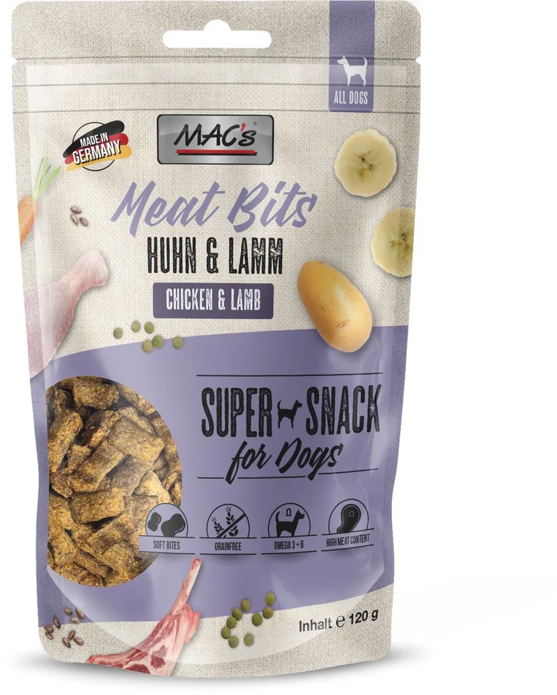 Hondensnacks MAC's Meat Bits - Kip & Lam met hoog vleesaandeel en daarom zeer smakelijk en voedzaam - pakket 3x zakje a 120gr von MAC's – Produktfoto