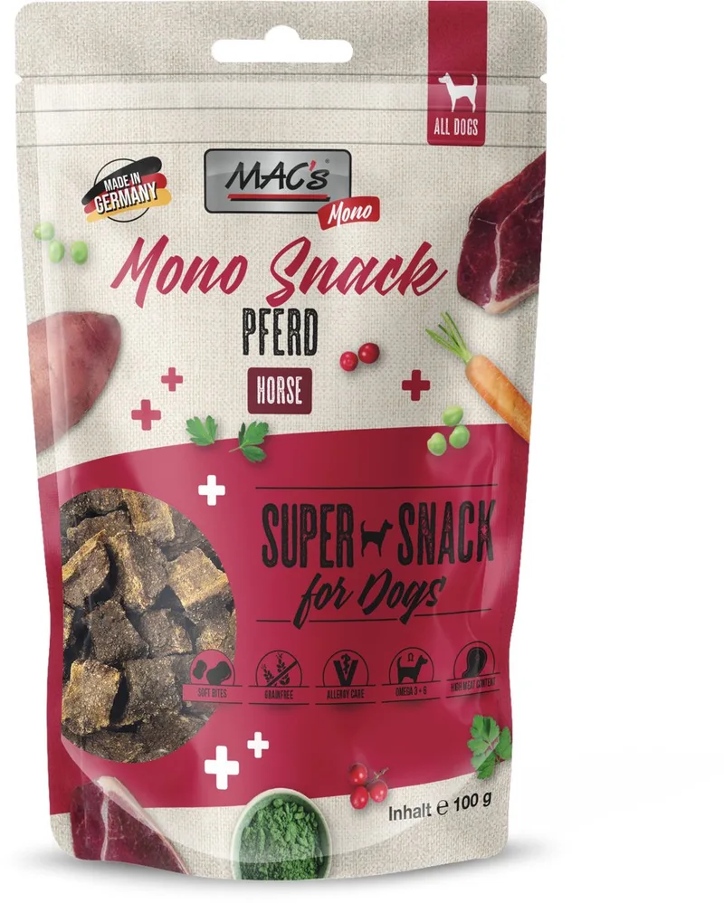 Hondensnacks MACs Mono eiwit bron - 80% Paardenvlees - extreem lekker - ook geschikt voor gevoelige honden 9 zakjes a 100g by MAC's – product photo
