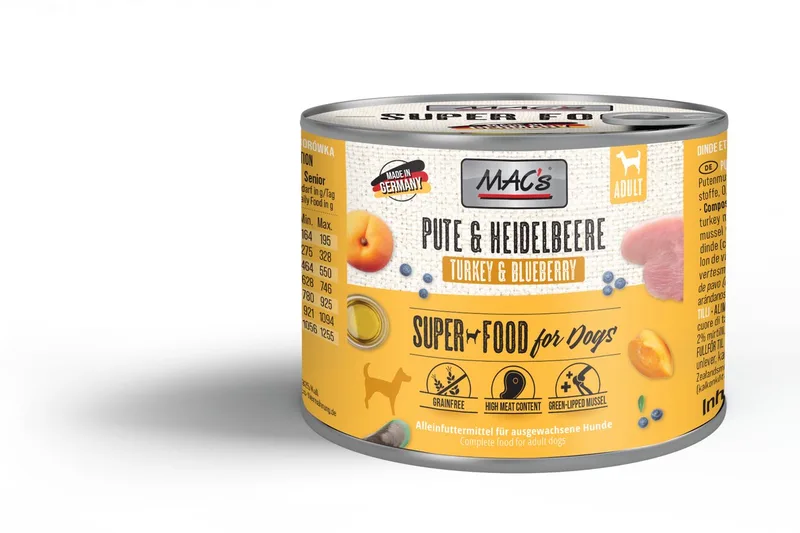 Hondenvoer Natvoer Blik - 70% Kalkoen & Bosbessen - 6 x 200g de MAC's – photo produit