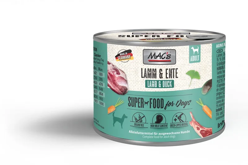 Hondenvoer Natvoer Blik - 70% Lam & Eend - 6 x 200g fra MAC's – produktbillede