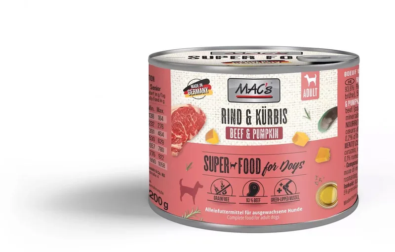 Hondenvoer Natvoer Blik - 93,6% Rund & Pompoen - 6 x 200g von MAC's – Produktfoto