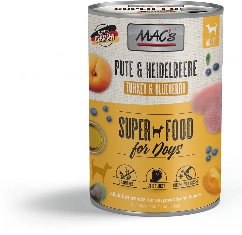 Hondenvoer Natvoer Blik - 93,7% Kalkoen & Bosbessen - 6 x 400g by MAC's – product photo