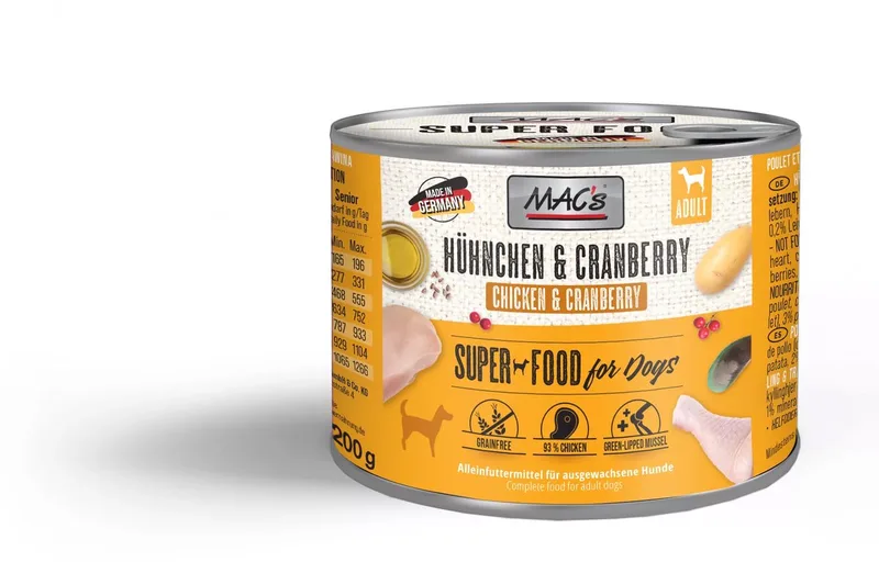 Hondenvoer Natvoer Blik - 93,7% Kip & Cranberry - zeer hoog vlees gehalte 6 x 200g von MAC's – Produktfoto