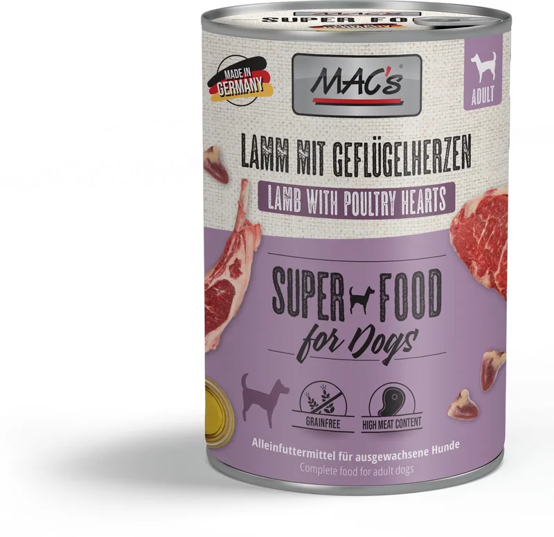 Hondenvoer Natvoer Blik - 98,8% Lam & Gevogeltehart - 6 x 400g von MAC's – Produktfoto