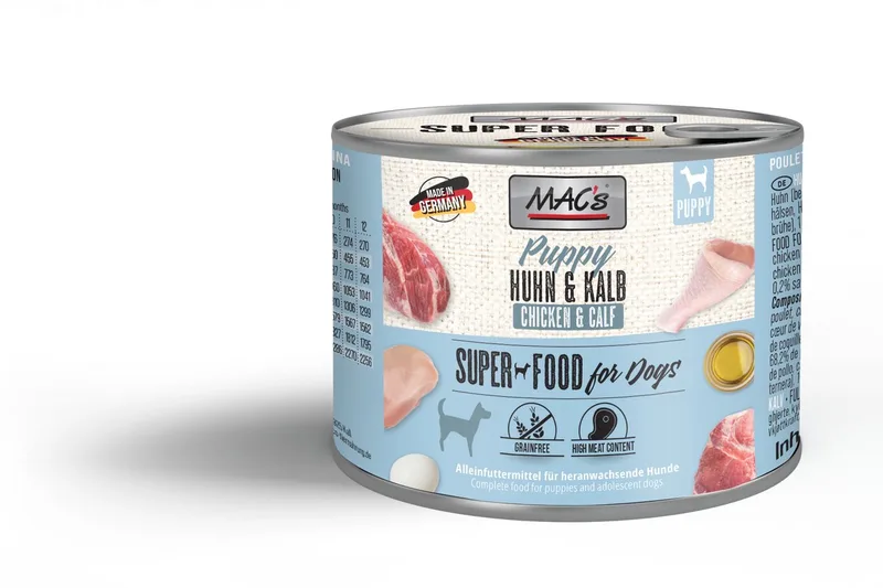 Hondenvoer Natvoer Puppy Blik - 70% Kip & Kalf - 6 x 200g von MAC's – Produktfoto