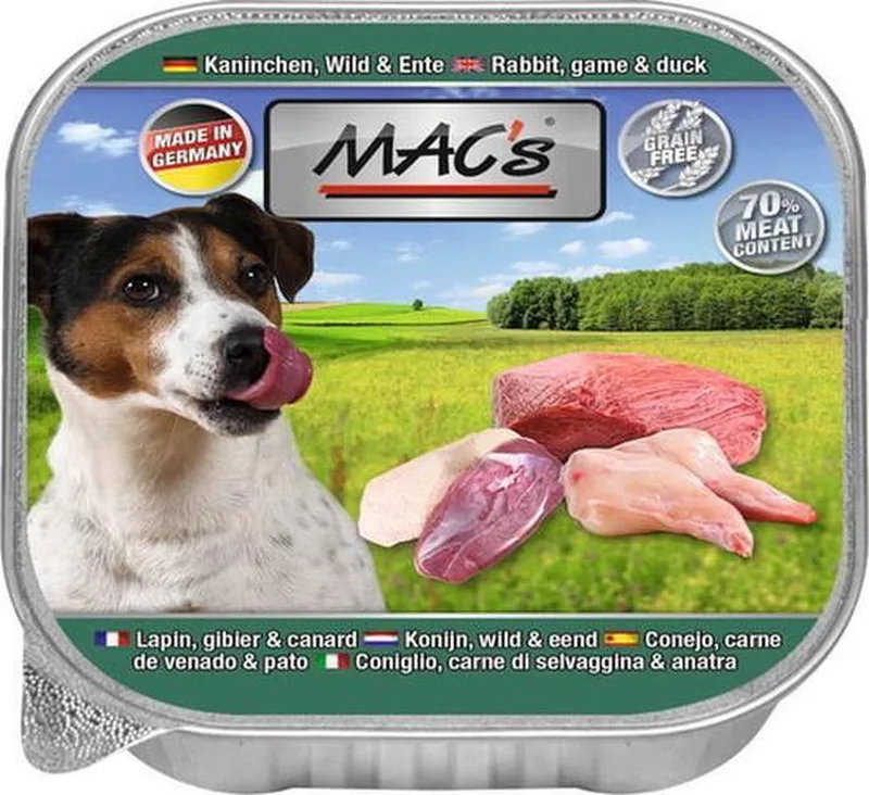 Hondenvoer Natvoer Vleeskuipje - 70% Konijn, Wild & Eend - 11 x 150 g de MAC's – photo produit