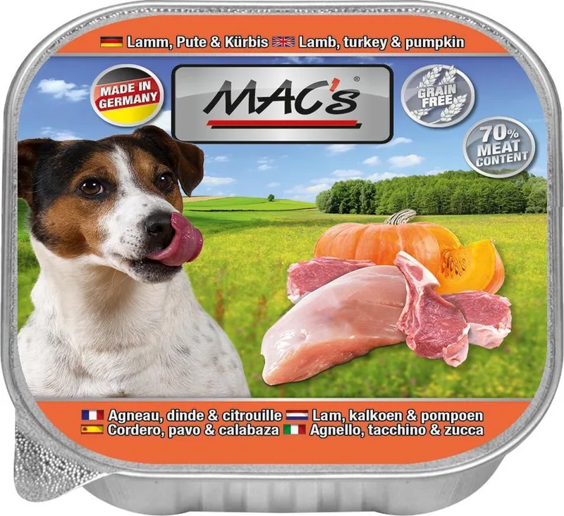 Hondenvoer Natvoer Vleeskuipje - 70% Lam, Kalkoen & Pompoen - 11 x 150 g de MAC's – photo produit
