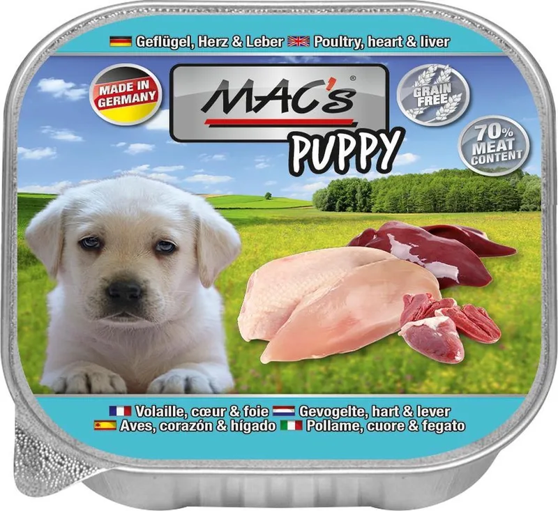 Hondenvoer Natvoer Vleeskuipje puppy - 70% Gevogelte, Hart & Lever - 11 x 150 g von MAC's – Produktfoto