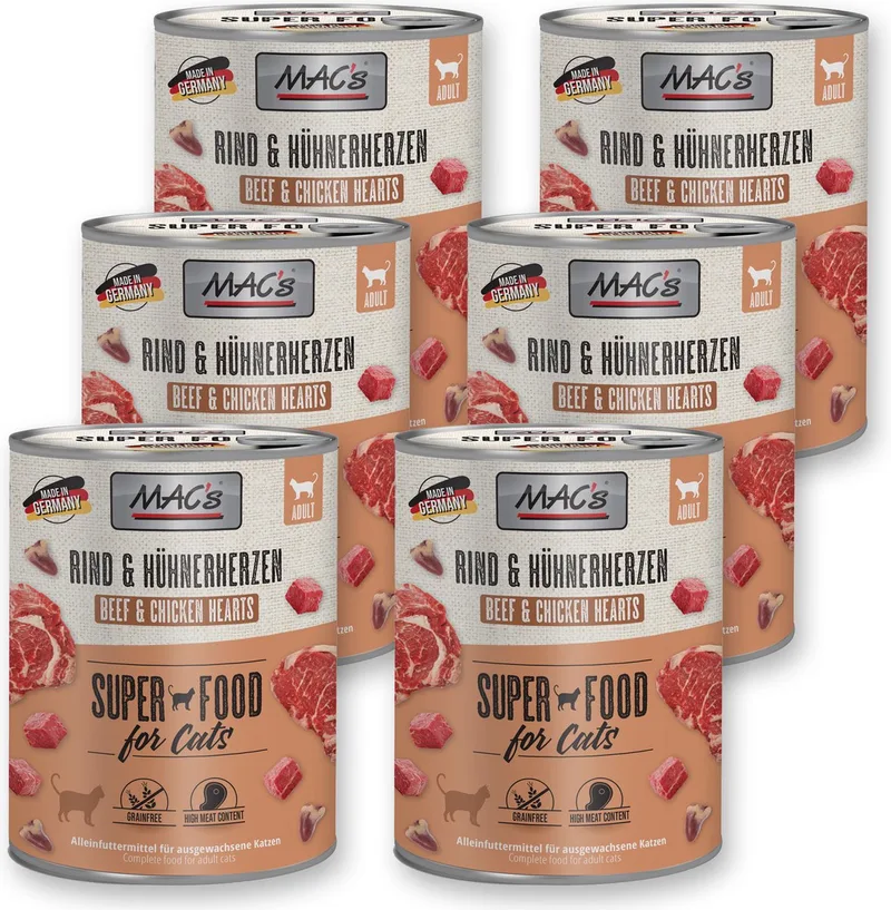 Kattenvoer Natvoer Blik - 90% Rund & Kippenhart - 6 x 800g fra MAC's – produktbillede