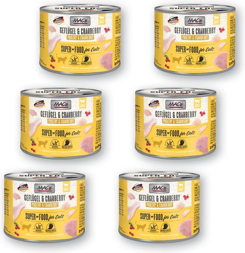 Kattenvoer Natvoer Blik 95,8% Gevogelte & Cranberry 6 x 200g von MAC's – Produktfoto