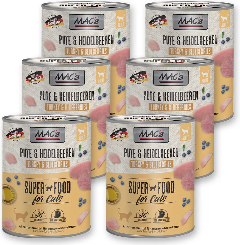 Kattenvoer Natvoer Blik - 95,8% Kalkoen & Bosbessen - 6 x 800g de MAC's – photo produit