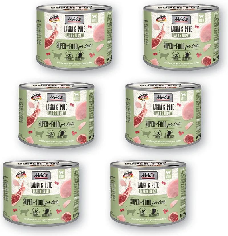 Kattenvoer Natvoer Blik 95,8% Lam & Kalkoen 6 x 200g von MAC's – Produktfoto