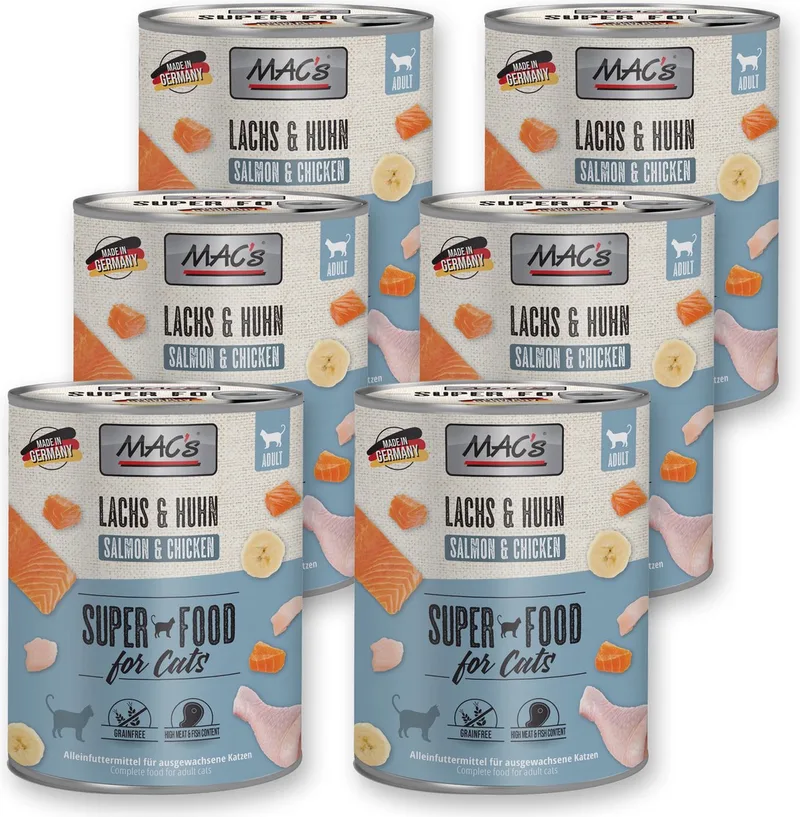Kattenvoer Natvoer Blik - 96,8% Zalm & Kip - 6 x 800g von MAC's – Produktfoto