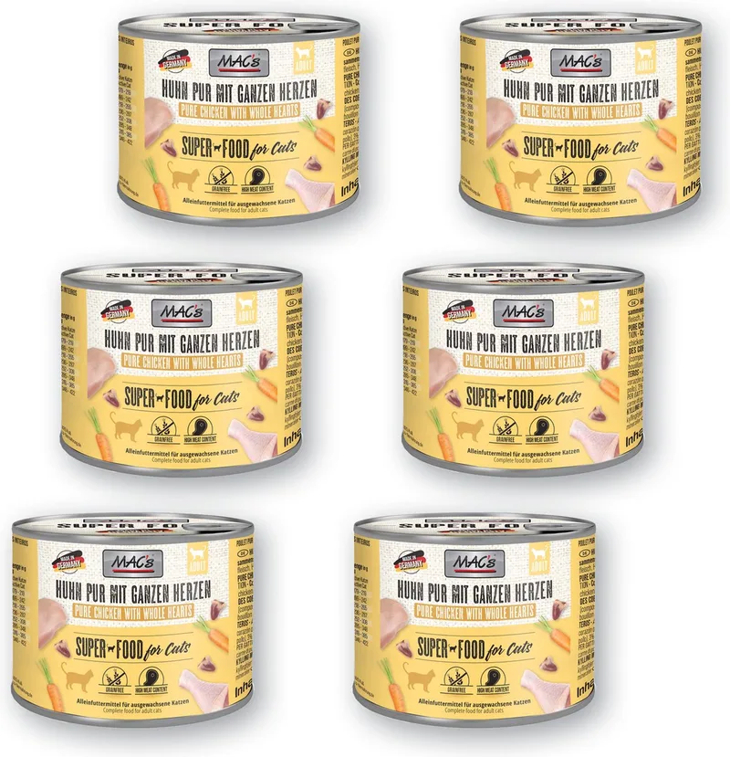 Kattenvoer Natvoer Blik - 96% Kippenvlees en Kippenhartjes - 6 x 200g by MAC's – product photo