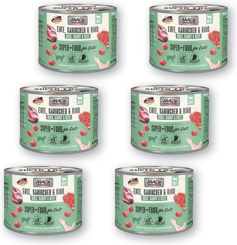 Kattenvoer Natvoer Blik 99% Eend, Konijn en Rund 6 x 200g by MAC's – product photo